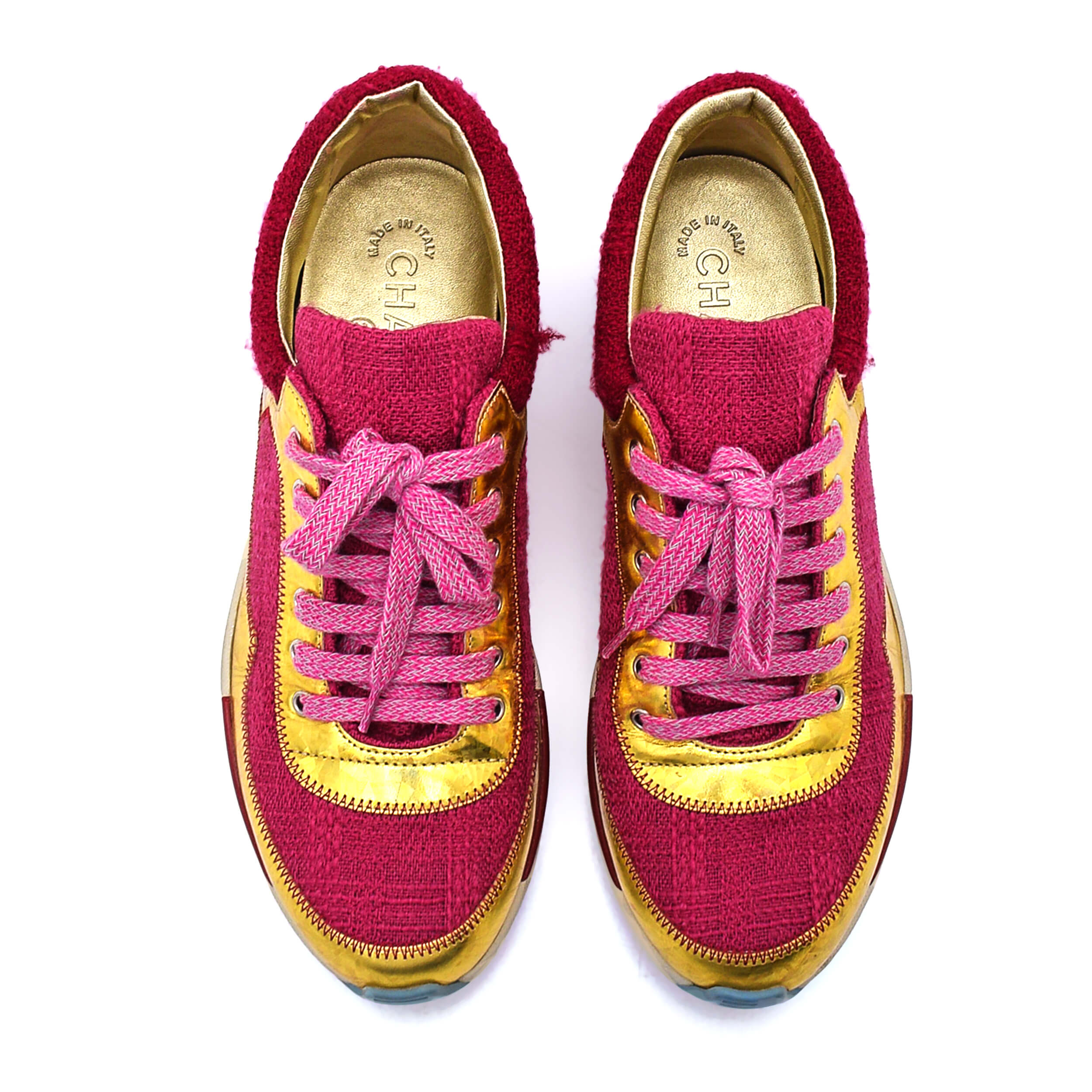 Chanel - Gold Leather And Pink Tweed CC Low/Top Sneakers / 37